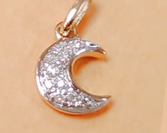 NOW in 14k ROSE GOLD, White Diamond 14k Solid Gold Crescent Moon Pendant Charm, 14k Pave Diamond Celestial Design, Sparkly, Lovely, Minimal