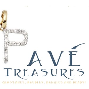 May include: A gold pendant charm in the shape of the letter P, set with small diamonds. The charm is hanging from a gold chain. The charm is part of a jewelry collection called "Ave Treasures: Gemstones, Baubles, Dangles and Beads!"