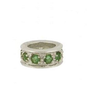 May include: A silver ring with a band of green gemstones.