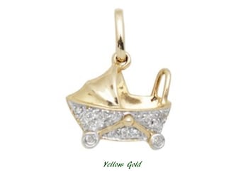 White Diamond and 14k Solid Gold Baby Stroller Pendant Charm, 14k Gold and Diamond Pram Charm, Fine Jewelry Supplies, Mother's Day Present