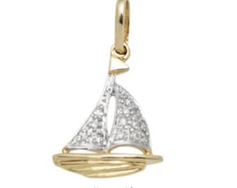 White Diamond and 14k Gold Boat Pendant Charm / 14k Gold Diamond Sailboat Charm / 14k Diamond Nautical Charm / Sparkling Sea-Loving Sailboat