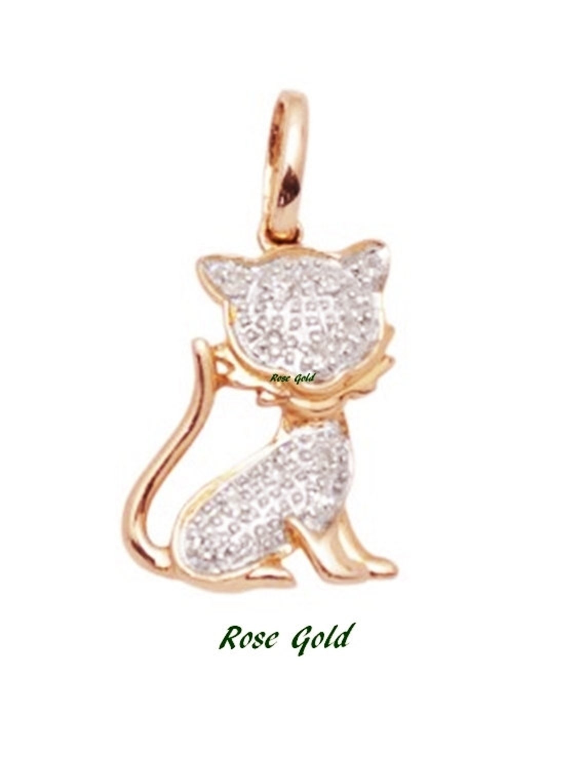 White Diamond and 14k Solid Gold Cat Pendant Charm 14k Gold Etsy