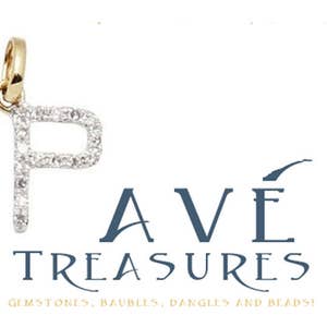 May include: A gold pendant charm in the shape of the letter P, set with small diamonds. The charm is hanging from a gold chain. The charm is part of a logo for a jewelry store called "Ave Treasures: Gemstones, Baubles, Dangles and Beads!"