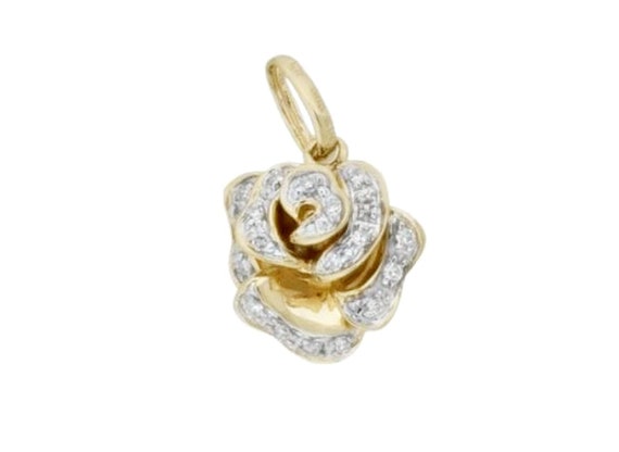 14k Solid Gold & Diamond Rose Charm, 14k Diamond Rose Pendant, 14k Diamond Rose Charm,14k Diamond Floral Charm Pendant, 14k Floral Jewelry