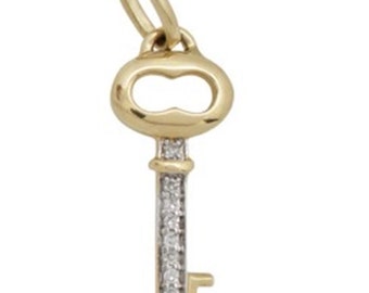 White Diamond and 14k Solid Gold Key Pendant Charm, 14k Gold and Diamond Charm Pendant, Fine Jewelry Supplies, Minimal, Diamond Key Charm