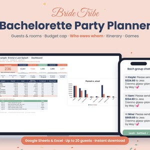 May include: A digital bachelorette party planner template displayed on a laptop and smartphone screen. The interface includes a dashboard with budget tracking, expense tables, a planned versus actual bar chart, and a group chat message log.