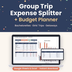Peut inclure: Un modèle numérique de répartiteur de dépenses de voyage de groupe et de planificateur budgétaire pour Google Sheets et Excel. L'écran affiche un tableau de bord avec des tableaux financiers, des graphiques et des listes de dépenses.