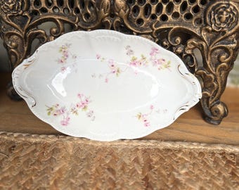 Antik 1800-tals Bassett Limoges Österrike Porslinsfat Rosa Blommig Guldkant