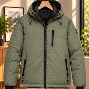 May include: A sage green hooded jacket featuring a black interior lining, a full-length black front zipper, two lower zippered pockets, and one vertical zippered chest pocket. The jacket includes black ribbed cuffs and a drawstring hood.