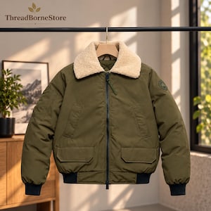 Könnte beinhalten: Eine olivgrüne Bomberjacke mit einem cremefarbenen Kunstfellkragen, einem zentralen schwarzen Reißverschluss, zwei Vordertaschen mit Klappen sowie schwarzen Rippbündchen an Ärmeln und Saum. Ein runder Aufnäher ist am linken Ärmel zu sehen.