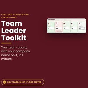 Könnte beinhalten: Eine kastanienbraune digitale Grafik mit dem Titel Team Leader Toolkit für Teamleiter und Vorgesetzte. Sie zeigt ein Dashboard mit Kennzahlen für Sicherheit, Qualität, Lieferung, Kosten und Personal sowie den Text: Your team board, with your company name on it, in 1 minute. 20+ YEARS, SHOP-FLOOR TESTED.