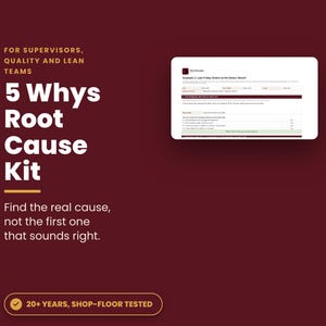Peut inclure: Un kit d'analyse des causes profondes 5 Whys pour les superviseurs, la qualité et les équipes lean sur un fond rouge foncé. Le texte indique : For supervisors, quality and lean teams, 5 Whys Root Cause Kit, Find the real cause, not the first one that sounds right, 20+ years, shop-floor tested.