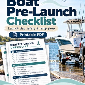 Könnte beinhalten: Eine druckbare PDF-Checkliste für den Bootsstart von Coastal LogBooks. Das Dokument enthält Abschnitte für vor dem Verlassen des Hauses, an der Rampe und nach dem Start, mit Kontrollkästchen für Aufgaben wie Wetterprüfung und Kraftstoffstand.