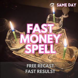 May include: Three clear glass candle holders with light green candles, each with a lit flame. The candles are arranged around a United States one-dollar bill. Text reads: 24 HOURS SAME DAY, FAST MONEY SPELL, FREE RECAST FAST RESULT.