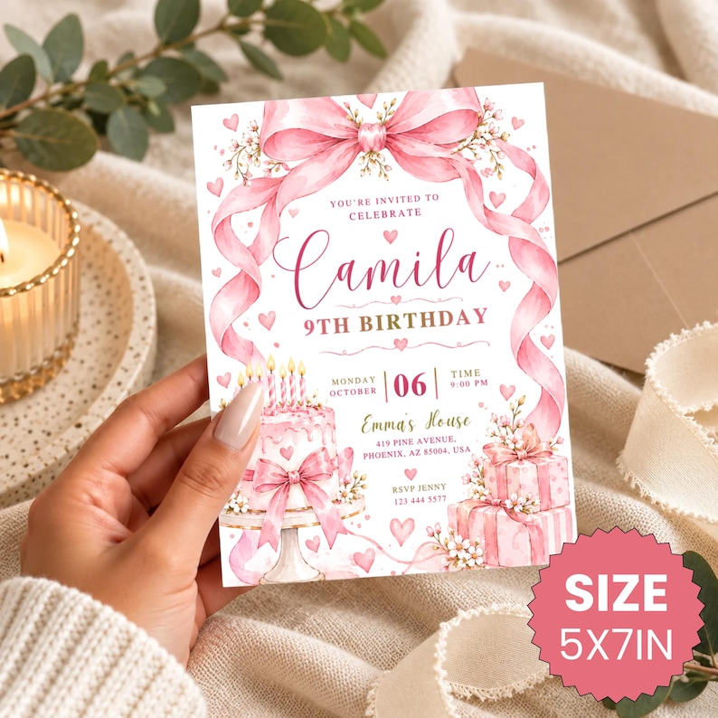 Pink Grad Invite Template Editable Pink Coquette Bow Invite, Ribbon Birthday Invitation, Light ...