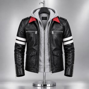 May include: A black leather jacket featuring a gray hooded sweatshirt insert, red collar accents, and two white horizontal stripes on each sleeve. The jacket includes silver-toned zippers on the chest and cuffs, along with two large front pockets.