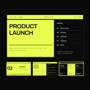 May include: A digital presentation slide deck featuring a bright yellow and black color scheme. The main slide displays the text Product Launch, Contents, and sections for Positioning, Pricing, Channels, Timeline, and Risks. Additional smaller slides show pricing details and growth team information.