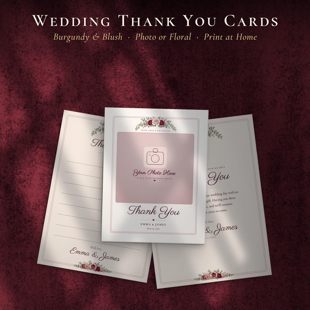 Wedding Thank You Card Template, Editable Photo, Printable Folded Note ...