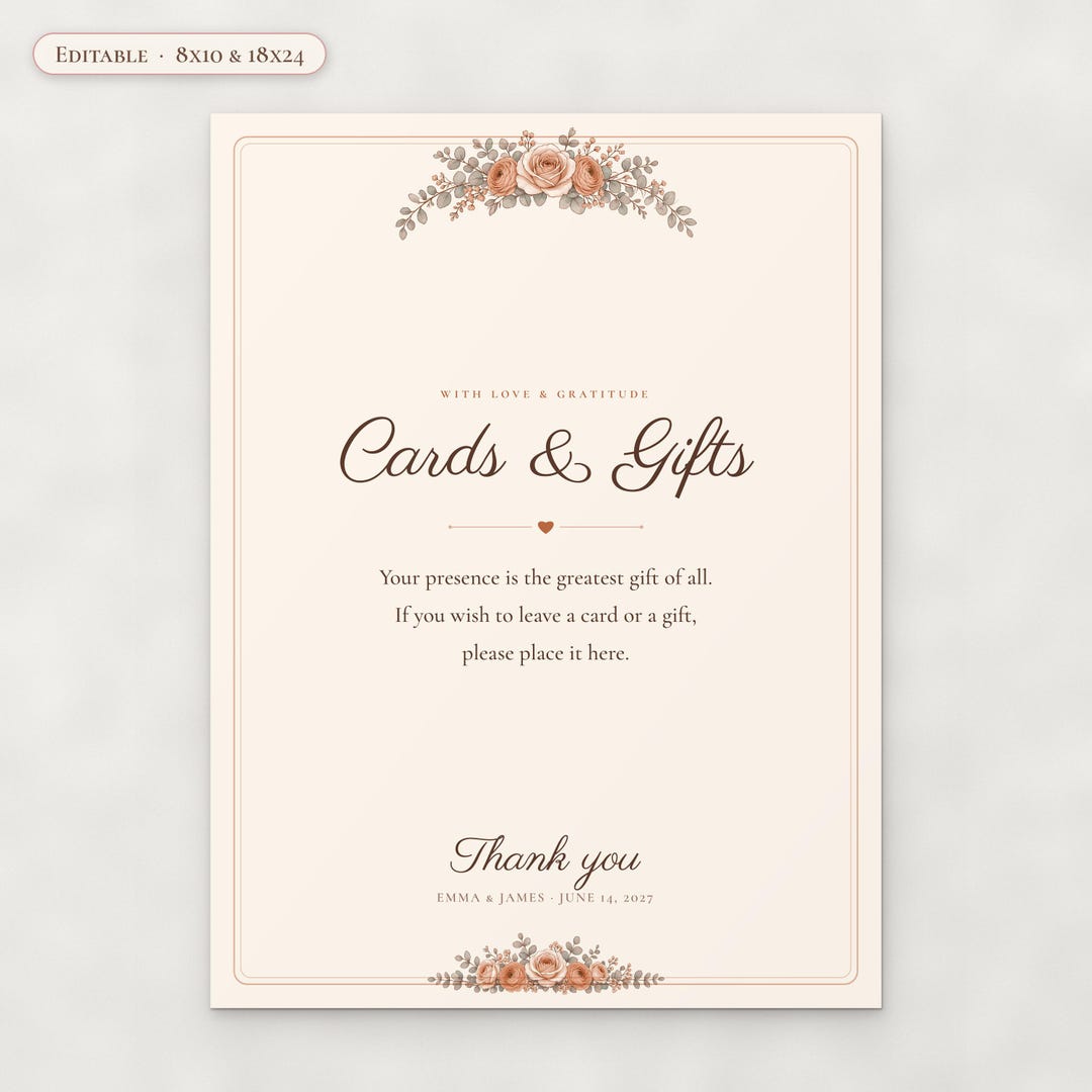 Cards and Gifts Sign Template, Editable Wedding Gift Table Sign 8x10 ...
