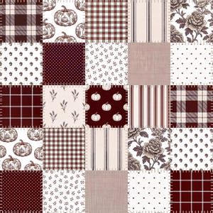 May include: A patchwork fabric design featuring a grid of squares with various patterns including dark red and white plaid, pumpkin illustrations, brown polka dots, acorn motifs, vertical stripes, floral prints, wheat stalks, and small stars.