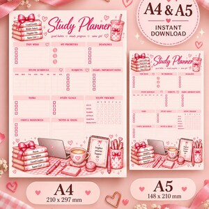 Könnte beinhalten: Ein rosa Studienplaner-Template in A4 und A5 mit Abschnitten für Prioritäten, Fristen und Lernpläne. Das Design enthält Illustrationen von gestapelten Büchern mit Schleifen, einem Laptop, einer Kaffeetasse und einem Stiftehalter mit Schreibwaren.