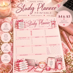 Pink Study Planner Printable A4  A5 | Student Study Schedule & Exam Planner | Cute Coquette PDF