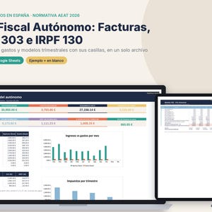 Puede incluir: Un kit fiscal digital para autónomos en España, que muestra un panel con datos financieros, gráficos y modelos tributarios como IVA 303 e IRPF 130. El texto incluye 'Kit Fiscal Autónomo: Facturas, IVA 303 e IRPF 130'.
