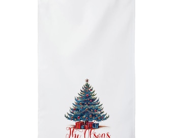 Personalized Christmas Tree Kitchen Towel, Custom Family Name, Hostess Gift