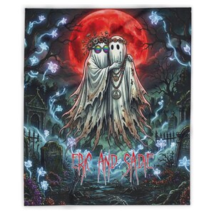 Personalized Hippie Ghost Couple Blanket, Boho Halloween Decor
