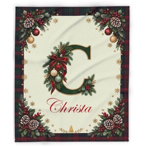 Coperta natalizia personalizzata con iniziale e nome a quadri, plaid festivo con monogramma, regalo per familiari e amici