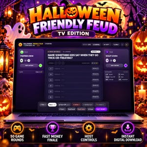 May include: A laptop screen displaying the Halloween Friendly Feud TV Edition game interface. The screen shows team names Pumpkin Crew and Violet Coven, a game question about trick-or-treating, and various control buttons for game management.