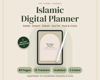 Peut inclure: Une tablette numérique affichant The Taqwa Journal avec un stylet blanc. Le texte indique : The Taqwa Journal, Islamic Digital Planner, Salah, Sawm, Zakah, Qur'an, Dua & more, 89 Pages, 13 Trackers, Undated, 3 Colors, Instant Download PDF.