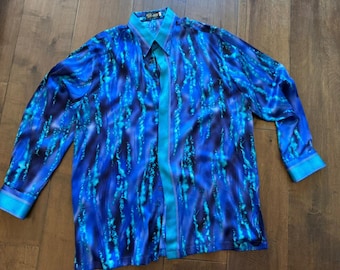 Vintage Gianni Versace Men’s Silk Shirt Size XL Blue Aqua 3D Key Pattern Italy