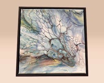 Titulada «Corriente Caspia - Pintura de arte fluido», acrílico fluido, flor deconstruida.