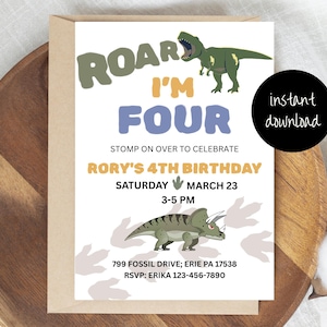 Inbjudan till födelsedag Roar I'm FOUR (blå) DIREKT NEDLADDNING
