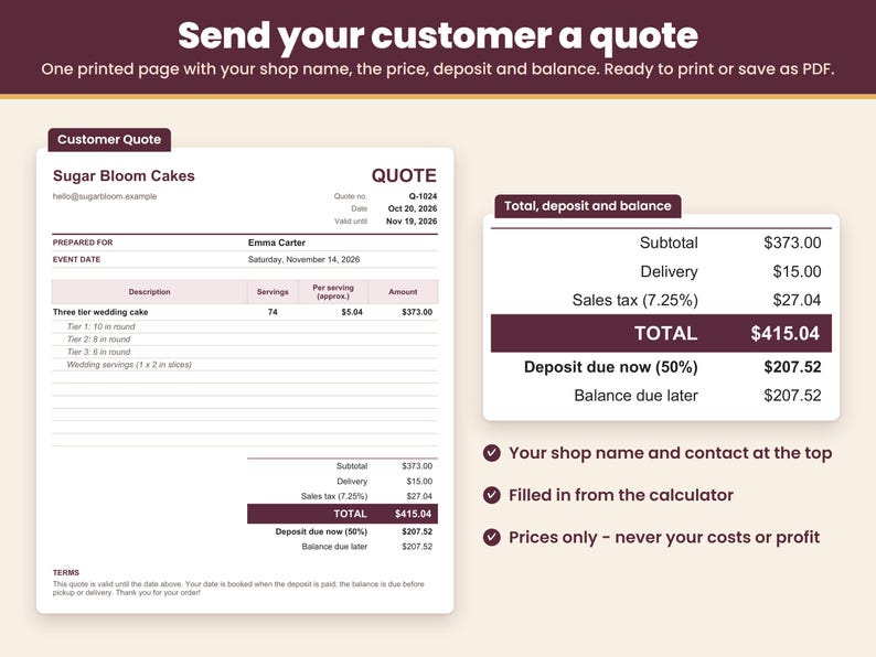 Customer Quote tab: a one-page printable cake quote with your shop name, the cake, servings, delivery, sales tax, total, deposit and balance