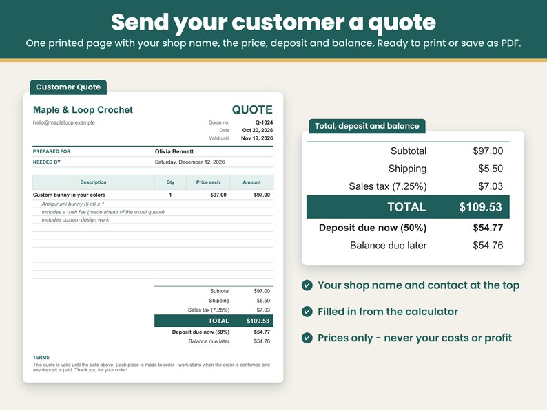 Customer Quote tab: a one-page printable crochet order quote with your shop name, pieces, price each, shipping, sales tax, total, deposit and balance