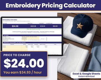 May include: An embroidery pricing calculator displayed on a laptop screen, showing data fields for job name, quantity, and machine minutes. Next to the laptop are a navy blue baseball cap with a gold star emblem and folded white and blue towels.