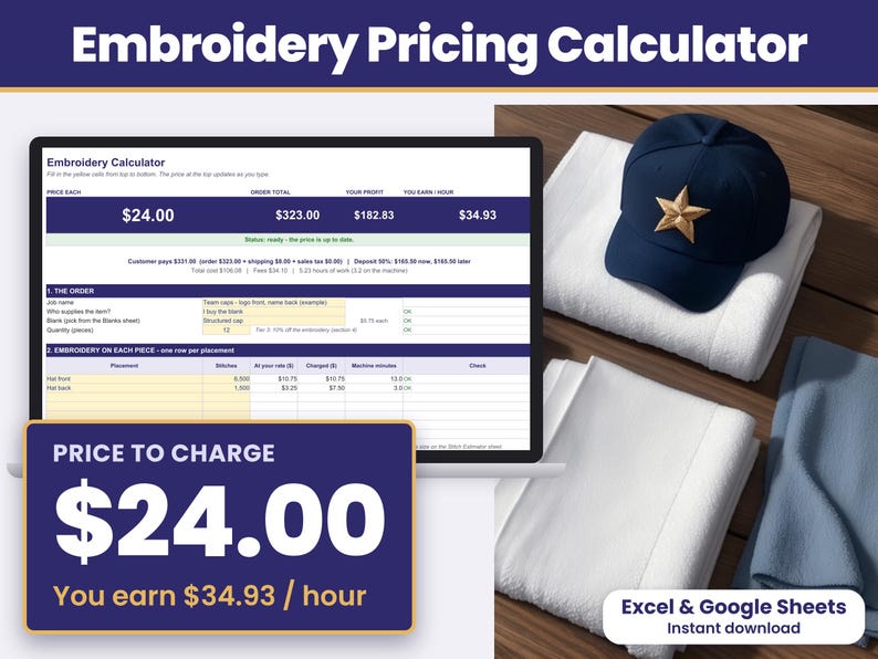 Machine embroidery pricing calculator spreadsheet for Excel and Google Sheets showing the price each, order total, profit and pay per hour at the top