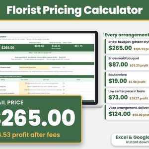 Florist pricing calculator spreadsheet for Excel and Google Sheets showing the price of a bridal bouquet and the profit after card fees at the top