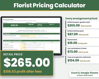 Floral Pricing Calculator Spreadsheet, Florist Recipe and Stem Cost, Wedding Florist, Excel and Google Sheets