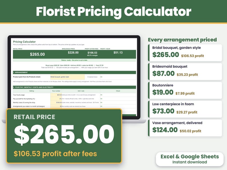 Florist pricing calculator spreadsheet for Excel and Google Sheets showing the price of a bridal bouquet and the profit after card fees at the top