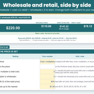 Wholesale and retail price side by side: cost times 2 for wholesale and wholesale times 2 for retail, with both multipliers easy to change