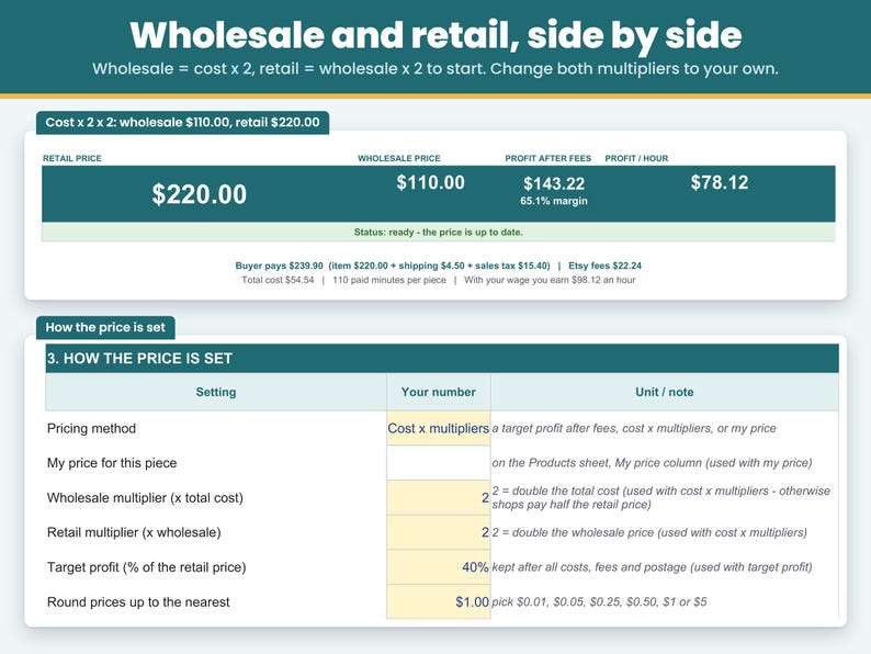 Wholesale and retail price side by side: cost times 2 for wholesale and wholesale times 2 for retail, with both multipliers easy to change