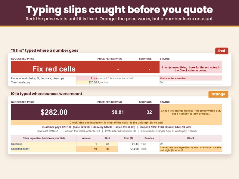 Input checks flag typing mistakes in red and unusual numbers in orange before you quote