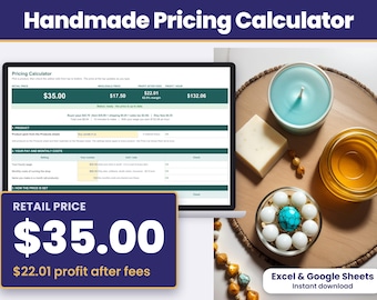 May include: A digital pricing calculator displayed on a laptop screen, featuring fields for product costs and hourly wages. The screen shows a retail price of $35.00 and a profit of $22.01. Beside the laptop are a candle, soap, and jewelry.