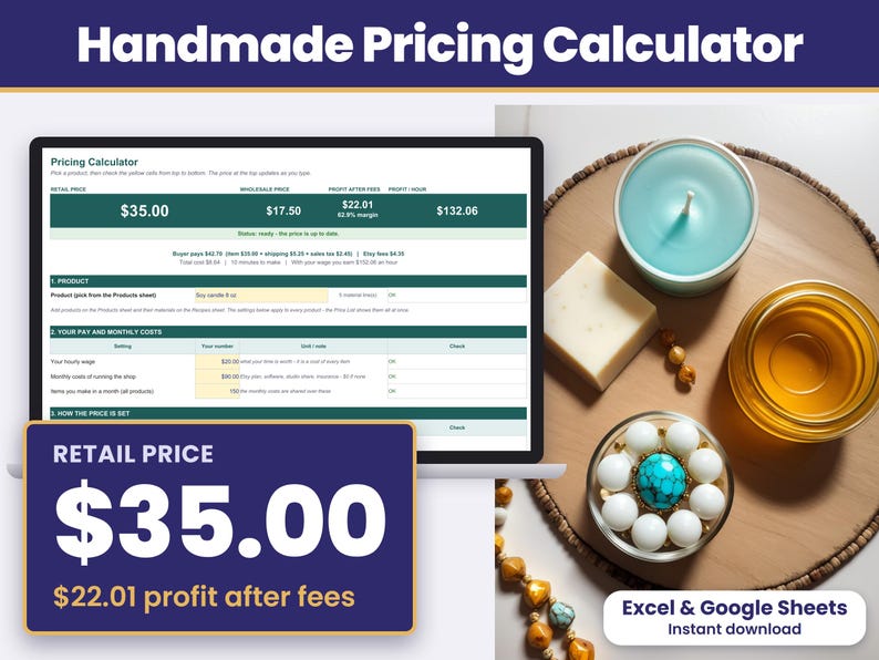 Handmade product pricing calculator spreadsheet for Excel and Google Sheets showing the retail price and profit after Etsy fees at the top