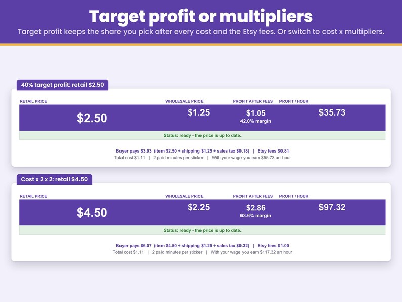 Pricing method choice: set the profit you want per sticker, or use wholesale and retail multipliers