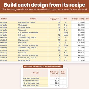 Recipes tab: build each pottery design from its clay, glaze and kiln wear for one kiln load so the material cost is added up for you