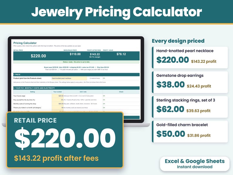 Jewelry pricing calculator spreadsheet for Excel and Google Sheets showing the retail and wholesale price per piece and profit after Etsy fees at the top